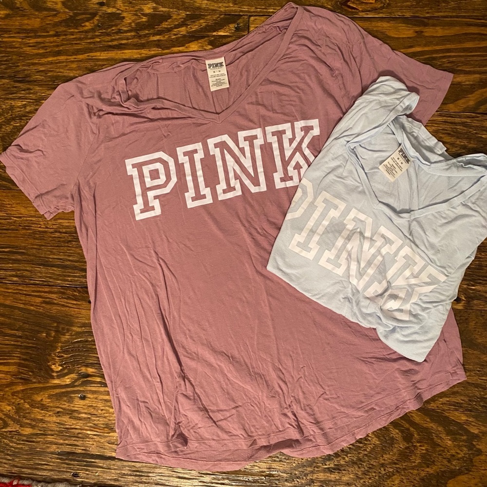 2 PINK Victorias Secret V-Neck Tees in Blue & Pink